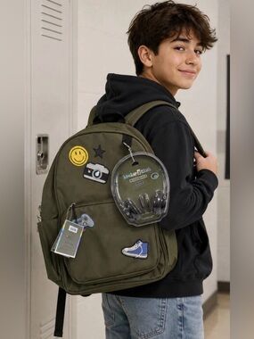 NWT Locker Club Kids 16L Nylon Backpack Green w/ Headphone Pencil Pouch